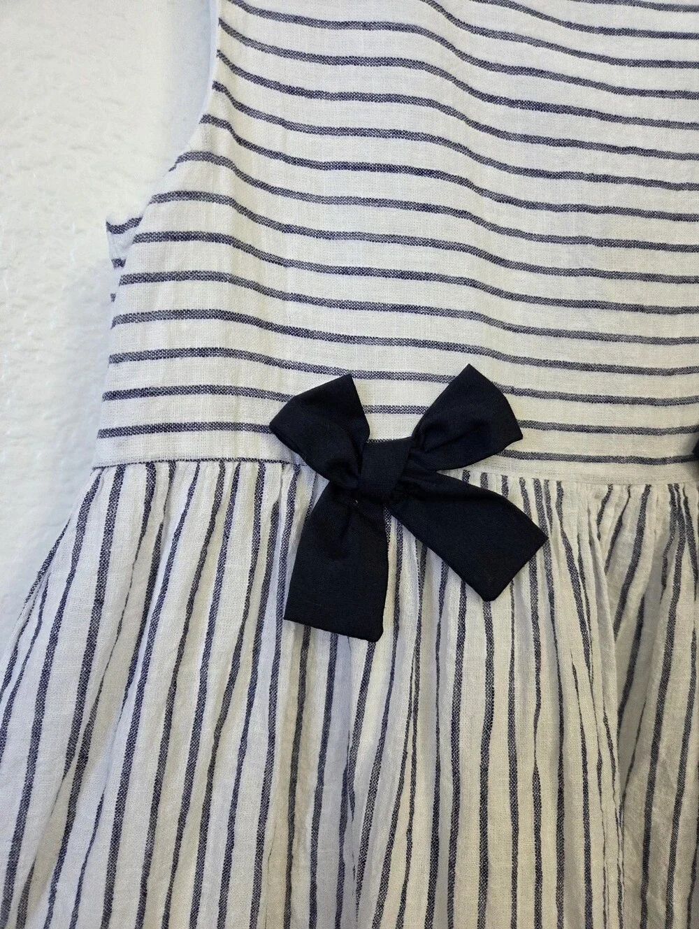 Rachel Riley Stripe Linen Bow Dress Girl's Size 12 White and Navy Nautical
